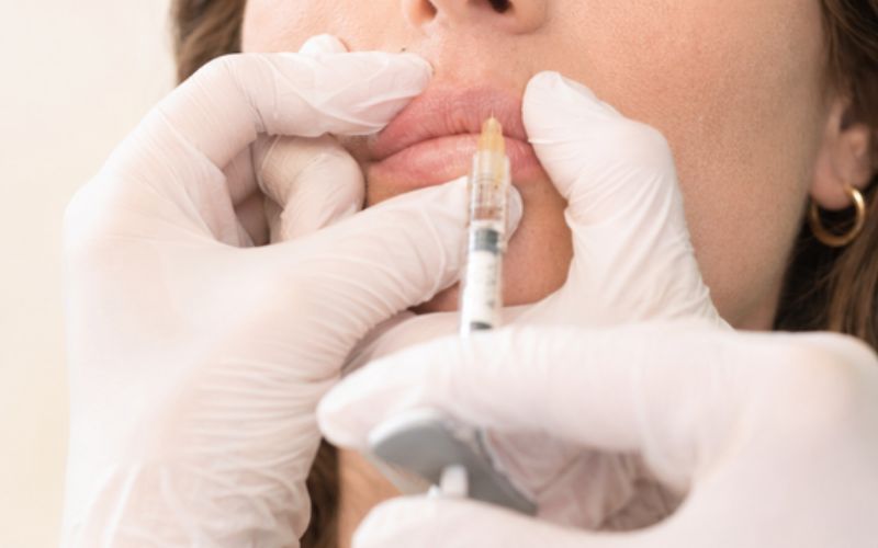 Lippenharmonisierung mit Hyaluron: Injektion an der Oberlippe, Nahaufnahme
